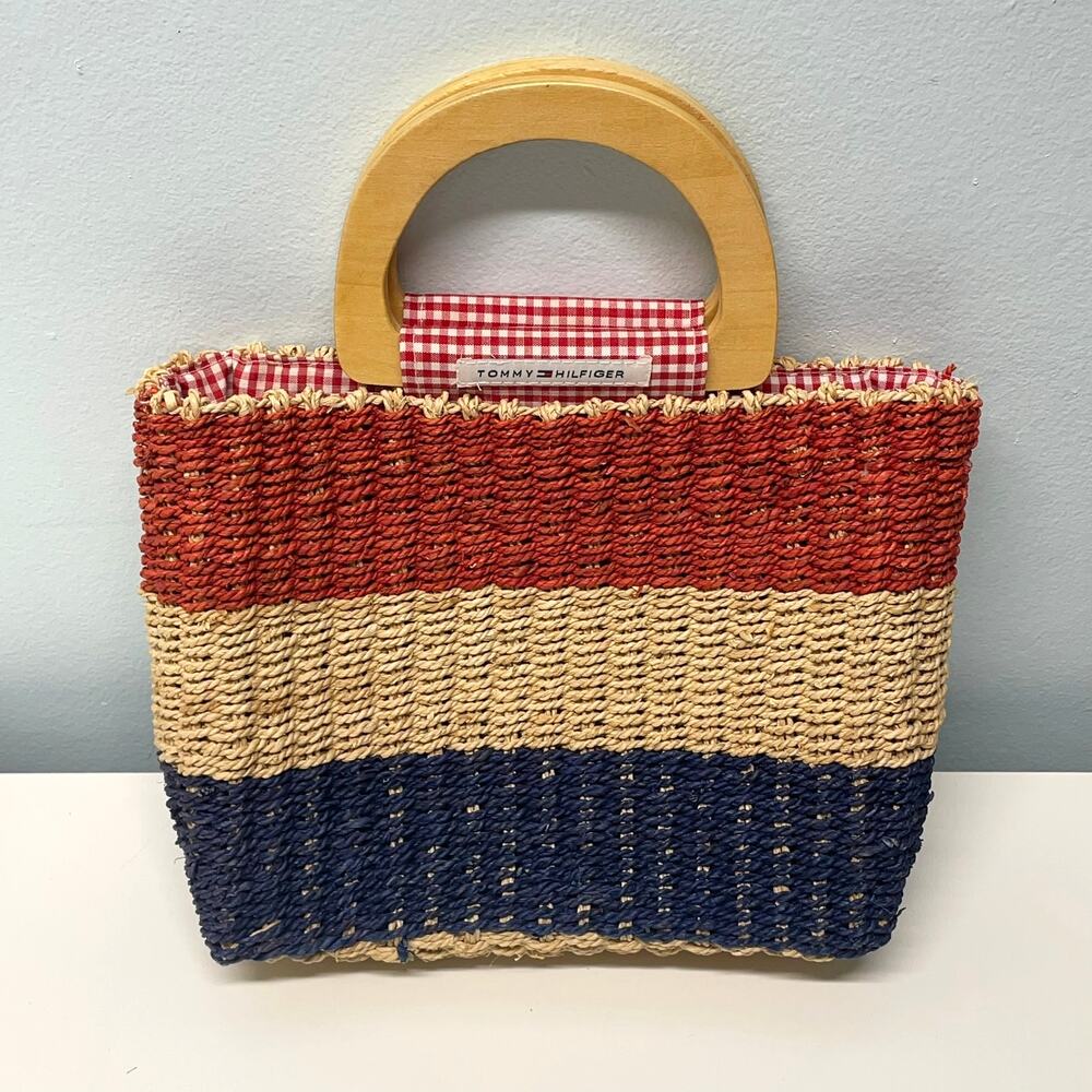 Vintage Tommy Hilfiger Straw Wicker Purse Tote Wooden Handles Lined Red Blue Y2K